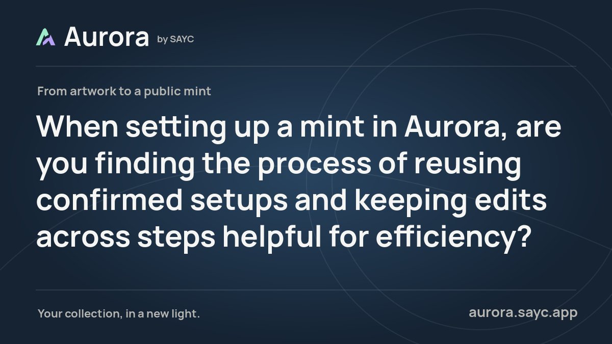 AuroraBySAYC's tweet photo. When setting up a mint in Aurora, are you finding the process of reusing confirmed setups and keeping edits across steps helpful for efficiency? https://t.co/tGddLLXhLZ