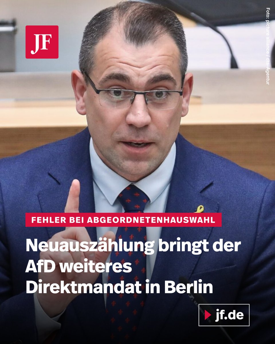 jungefreiheit's tweet photo. Zunächst wurde die CDU-Kandidatin als Wahlkreissiegerin in Berlin-Spandau ausgerufen. Doch eine Neuauszählung zeigt: Der AfD-Kandidat Tommy Tabor gewinnt. Das kann große Auswirkungen auf die Zusammensetzung des Abgeordnetenhauses haben.

Weiterlesen: https://t.co/BFrvK6FXl2 https://t.co/7SDn2gUYkE