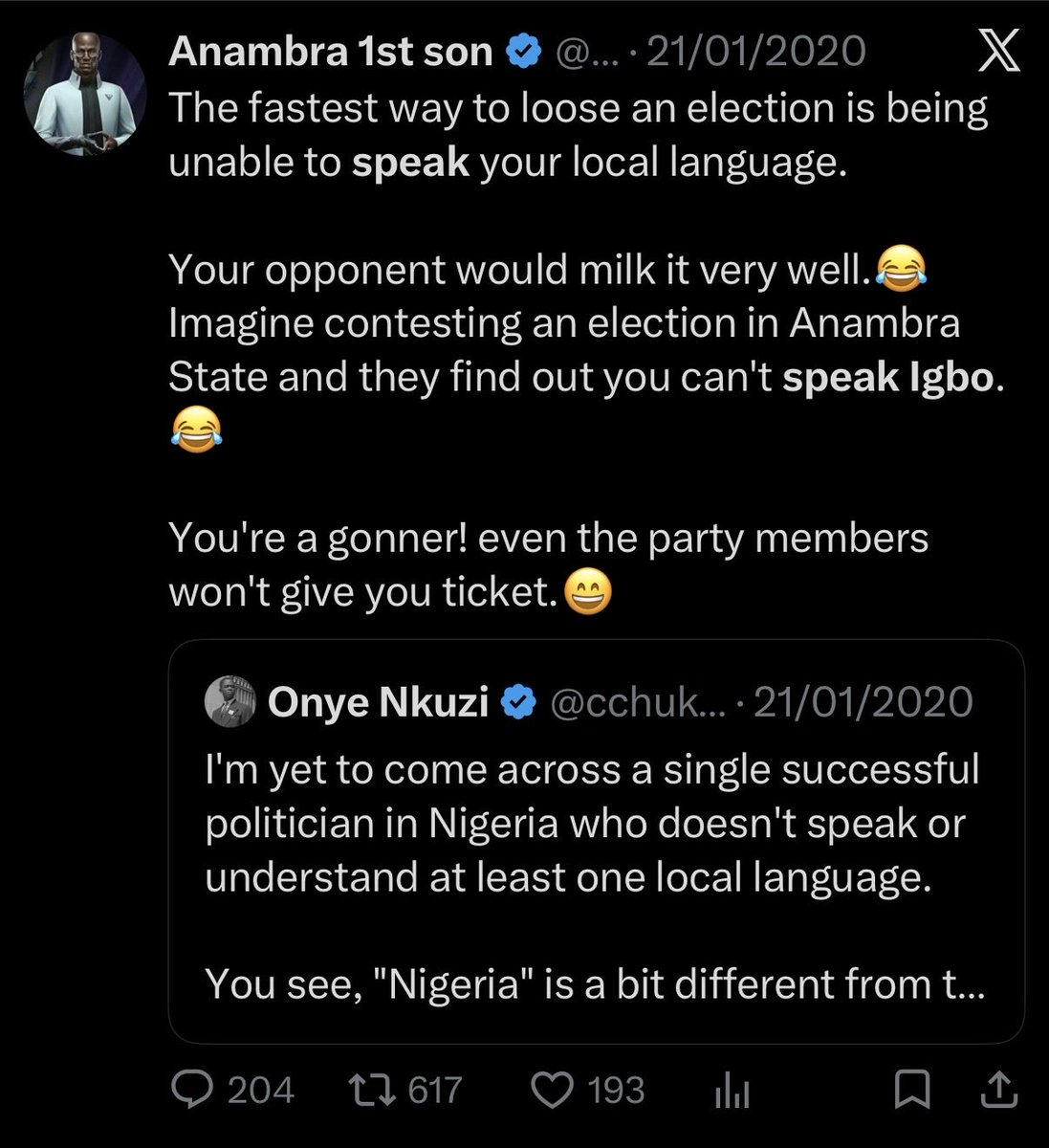 NoNonsensezone's tweet photo. An Igbo man who said Yoruba language should not be a criterion for governing in Yoruba land 

Once said this about his own land in Anambra  “ The fastest way to lose an election is to be unable to speak your local Language “ 

Now you see the games these guys are playing? Ok o https://t.co/sOLRviSqro