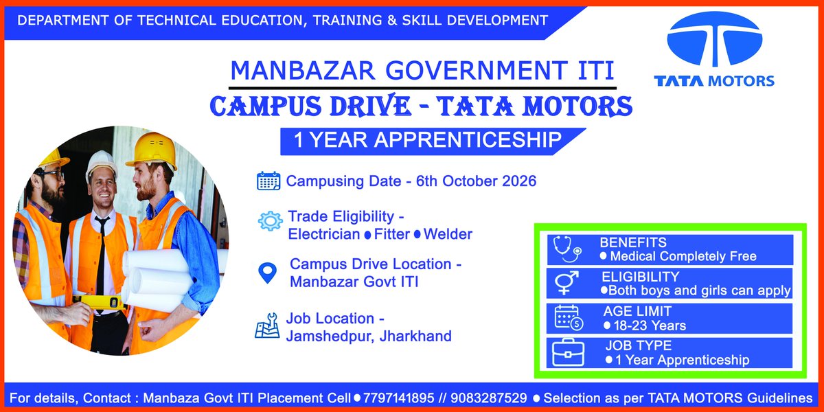 GManbazar's tweet photo. *MANBAZAR GOVERNMENT ITI*

*URGENT NOTICE: CAMPUS PLACEMENT DRIVE BY TATA MOTORS*
All Ex-Trainees of ITI are hereby informed that *TATA MOTORS* is going to conduct a Campus Placement Drive at our institute.
*CAMPUS DRIVE DETAILS:*
- *Company:* TATA MOTORS Ltd. https://t.co/SrAEuaqzQv