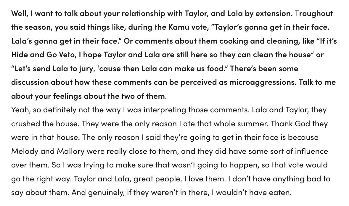 BBUpdatesLive's tweet photo. Drew responds to the microagression comments he made this season 

“Yeah, so definitely not the way I was interpreting those comments. Lala and Taylor, they crushed the house. They were the only reason I ate that whole summer. Thank God they were in that house”

#BB28 https://t.co/Yg2xMFwqGB