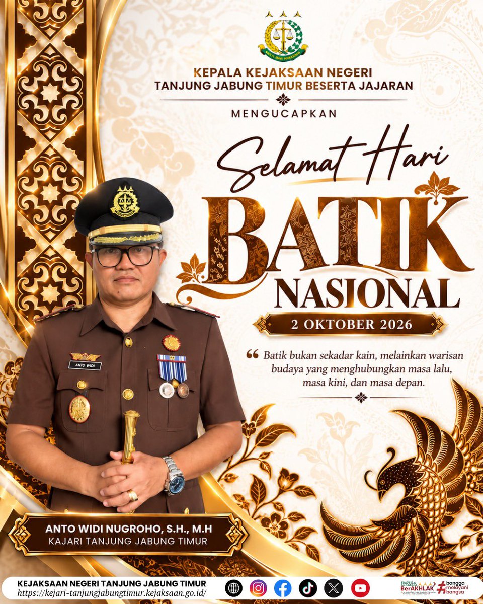 KejariTanjabTim's tweet photo. Kepala Kejaksan Negeri Tanjung Jabung Timur beserta jajaran mengucapkan Selamat Hari Batik Nasional, 2 Oktober 2026 https://t.co/xg6eDXqjxz