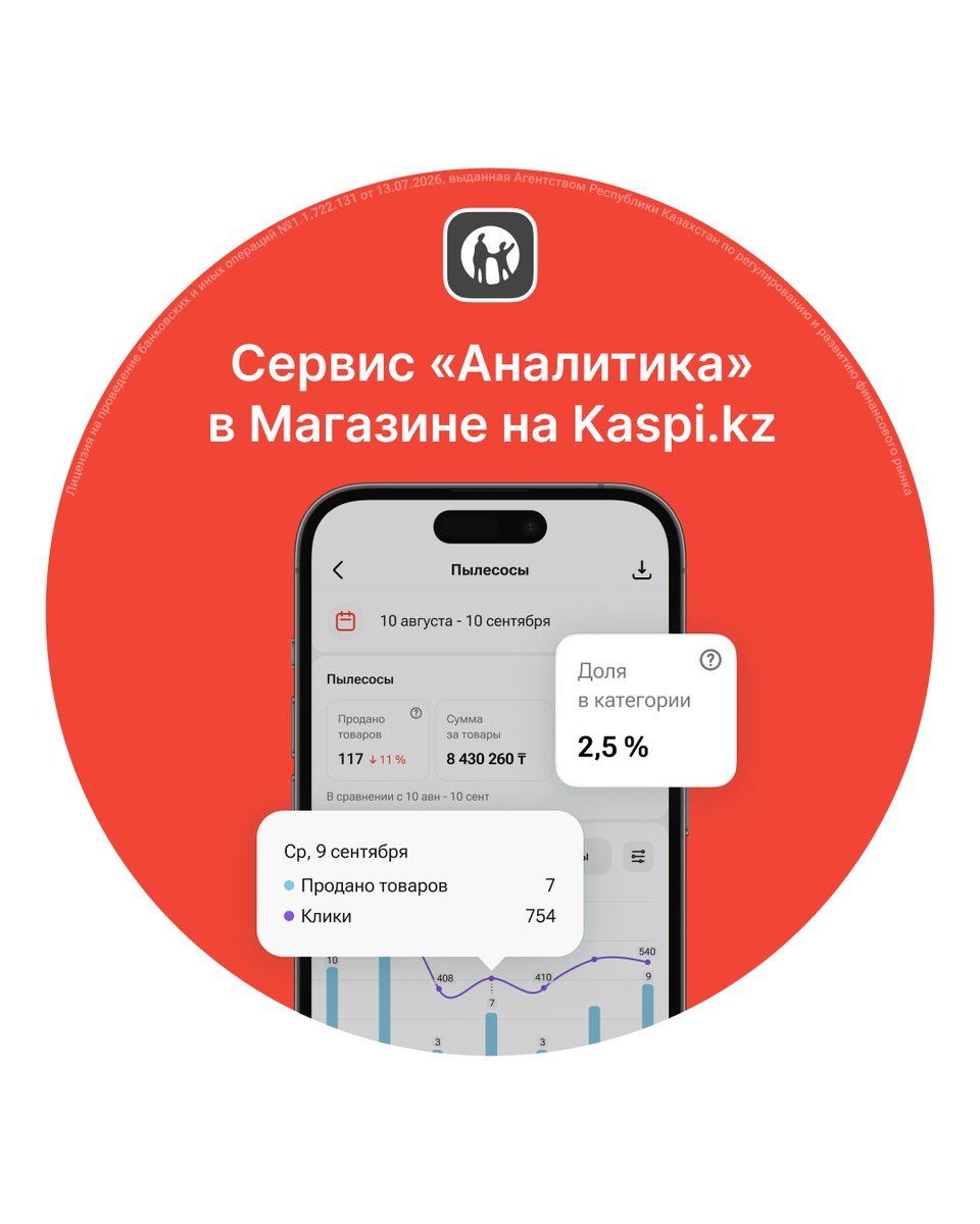 KaspiPay's tweet photo. В Kaspi Pay появился сервис «Аналитика». Теперь партнёры Магазина на https://t.co/yvh0DeIS4t могут анализировать продажи и находить точки роста.

С помощью нового сервиса вы сможете оценить, сколько кликов получил каждый товар, узнать долю своих продаж в категории и карточке, а также сравнить показатели за разные периоды по городам и брендам и многое другое.

По этим метрикам можно делать выводы, какие предложения интересны клиентам, где продажи растут или снижаются, и каким товарам стоит уделить больше внимания: запустить на них рекламу или акцию с бонусами, изменить цену, улучшить в карточке описание или фотографии.

Подробнее об «Аналитике» можно узнать в Kaspi Гиде для Партнёров: https://t.co/pDu5nbnWlK
