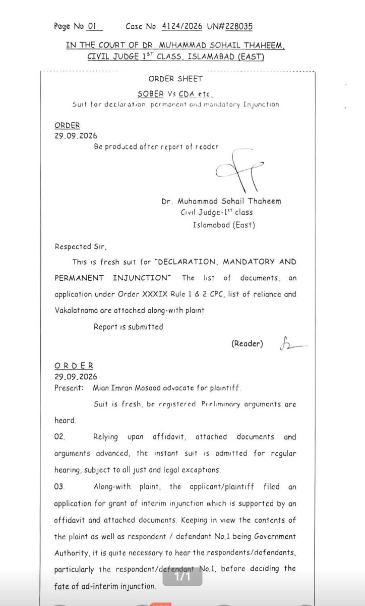 AliAlishahid791's tweet photo. @MalikRiaz_
@AliRiazMalikpk @BahriaTownOffic
@CDAthecapital @ChairmanCda

Dear Residents,

In view of CDA’s letter dated 18-09-2026 regarding the proposed sealing of the Bahria Enclave office and blocking of the Access Road, SOBER has filed a civil suit against CDA authorities and BTPL through its legal team to safeguard residents’ interests.

The Hon'ble Court has issued notices to the concerned parties and directed them to submit their replies by 08-10-2026. (copy of the notice is attached)

Residents are requested to please remain calm and rely on official updates from SOBER.

Best Regards,
Shahid Ali
President, SOBER
Society of Bahria Enclave Residents