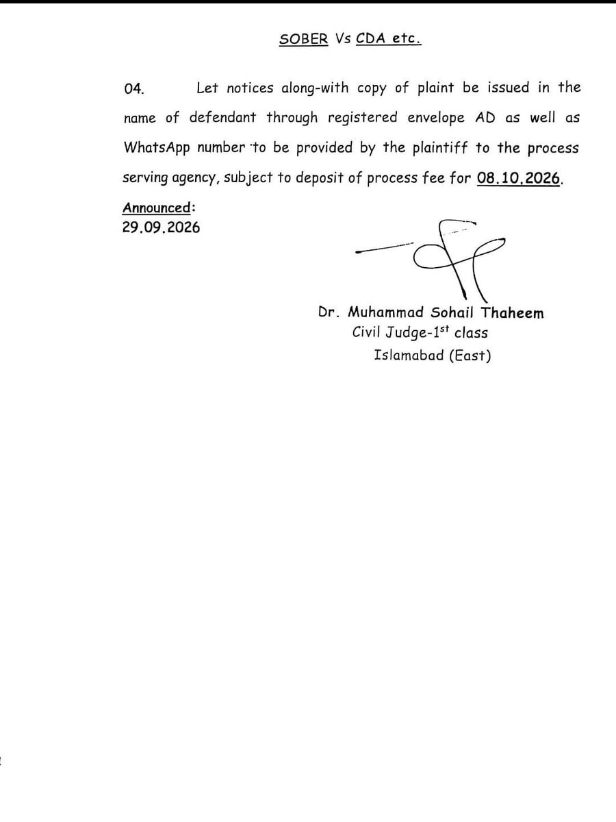 AliAlishahid791's tweet photo. @MalikRiaz_
@AliRiazMalikpk @BahriaTownOffic
@CDAthecapital @ChairmanCda

Dear Residents,

In view of CDA’s letter dated 18-09-2026 regarding the proposed sealing of the Bahria Enclave office and blocking of the Access Road, SOBER has filed a civil suit against CDA authorities and BTPL through its legal team to safeguard residents’ interests.

The Hon'ble Court has issued notices to the concerned parties and directed them to submit their replies by 08-10-2026. (copy of the notice is attached)

Residents are requested to please remain calm and rely on official updates from SOBER.

Best Regards,
Shahid Ali
President, SOBER
Society of Bahria Enclave Residents