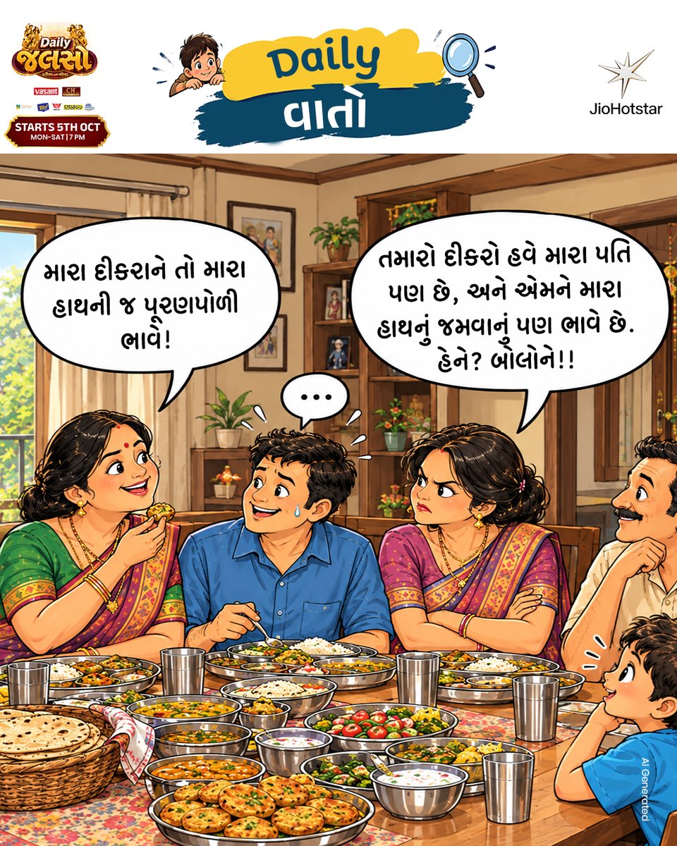 ColorsGujarati's tweet photo. Daily Vaato 💬: Sasu-vahu na jaghda ma as usual dikra j fasai jata hoy che 😅🤣
જુઓ, Daily Jalso - #FarivaarWithParivaar| 5 October થી | સોમ - શનિ | 7 PM Colors ગુજરાતી પર અને ક્યારેય પણ @jiohotstar પર!
#ColorsGujarati #GujaratiShow #DailyJalso #GameShow https://t.co/a9aRWG0ZWj