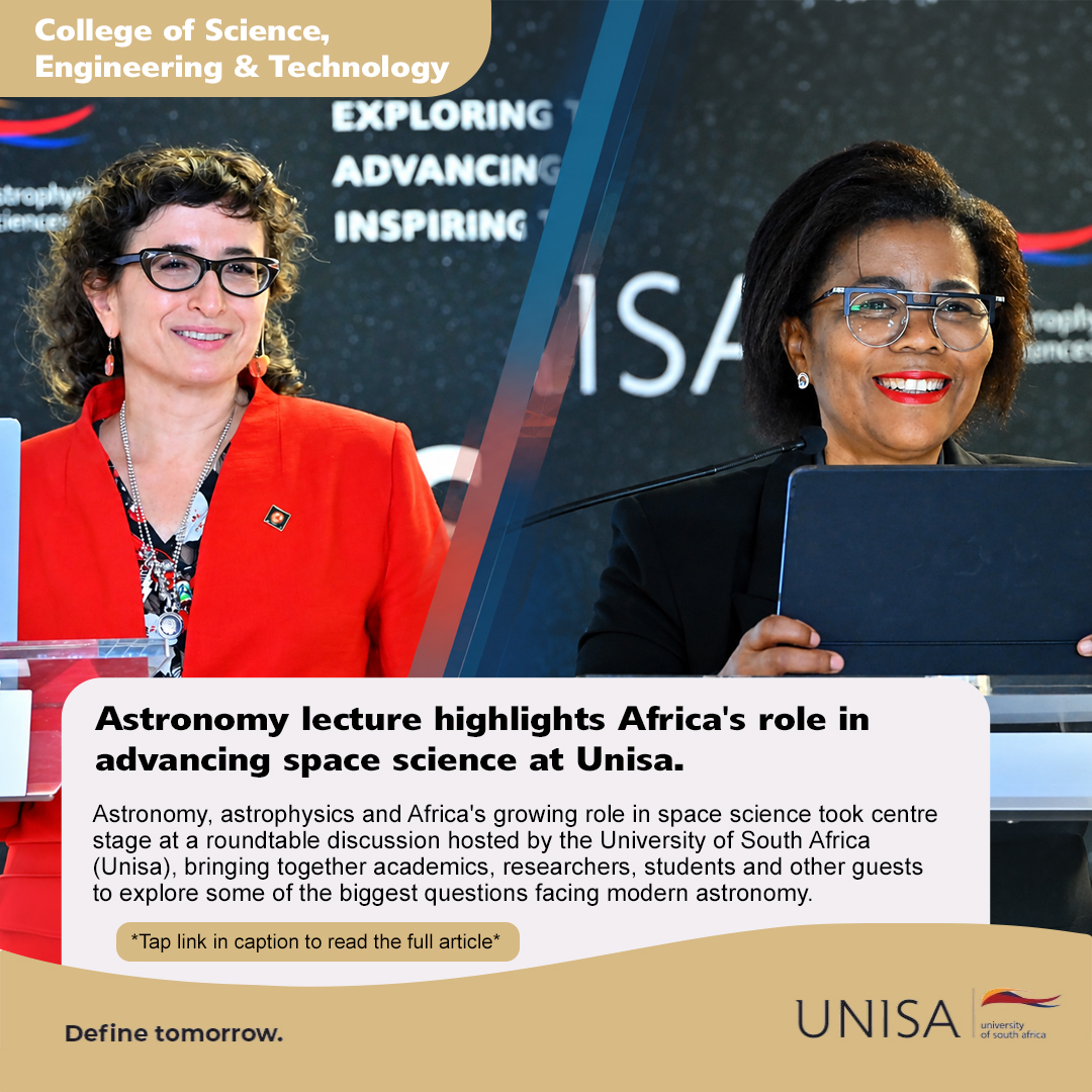 unisa's tweet photo. A lecture by Cambridge astrophysicist Prof Sera Markoff placed black holes, African astronomy and the development of scientific capacity at the centre of a discussion aligned with Unisa's strategic focus on space studies and the Square Kilometre Array. 

https://t.co/gl477aAfAX 

#Unisa150andBeyond #UnisaCSET