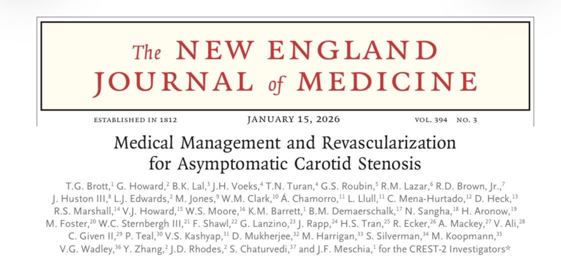 GeriatriaLaPaz's tweet photo. 🧠 ¿Debemos revascularizar una estenosis carotídea asintomática ≥70%?
CREST-2 aporta datos clave: dos ensayos paralelos compararon tratamiento médico intensivo frente a añadir stent carotídeo o endarterectomía, con seguimiento de hasta 4 años. https://t.co/HtOgdaW43p