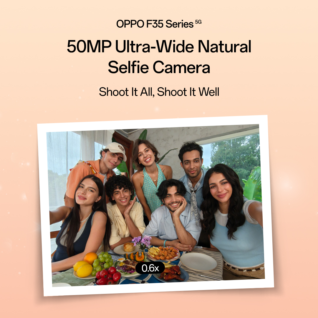 OPPOIndia's tweet photo. Meet the #OPPOF35Series 5G with a 50MP Ultra-Wide Natural Selfie Camera and 100° ultra-wide view.
Switch between 0.6x, 1x and 2x to frame it your way.
Know more & grab the OPPO F35 Series Privilege Pack for just ₹9 - https://t.co/tk0GxXo1eu
#GroupSelfieExpert #10YearsofFSeries https://t.co/YO3bkM6qrr