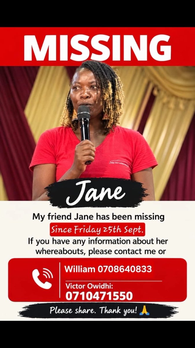 KarokiNjogu's tweet photo. Our friend has been missing since Friday, and we are urgently trying to locate her.

Please take a moment to look at the poster and share it widely. If you have seen them or have any information that could help, please contact the numbers provided on the poster. https://t.co/itQtl1r7TA