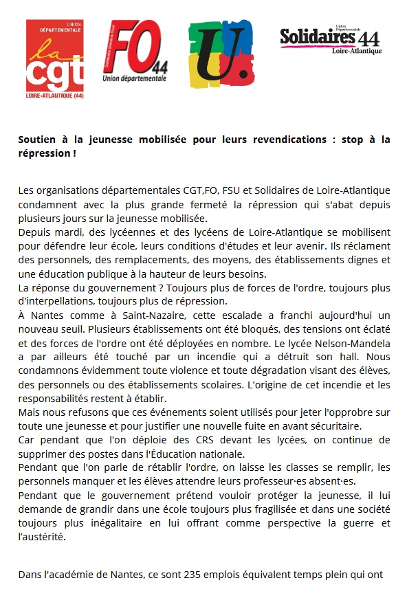 laCGT44's tweet photo. Soutien à la jeunesse mobilisée pour leurs revendications : stop à la répression ! https://t.co/ATLDhi4fqs