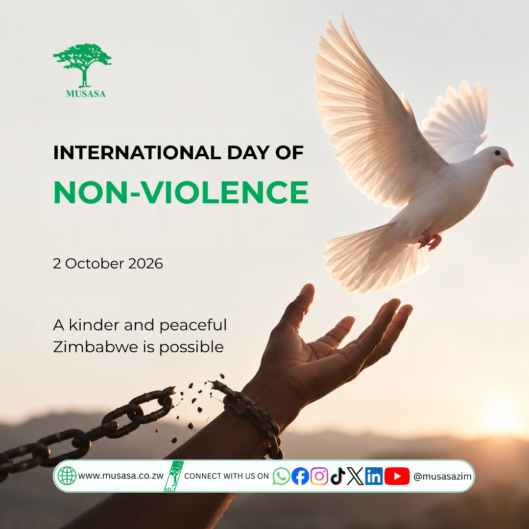 MUSASAZIM's tweet photo. On this International Day of Non-Violence, Musasa calls for a culture where violence is never the answer to conflict. Recent deaths linked to domestic and gender-based violence in Zimbabwe remind us that silence can lead to tragedy. Report violence before it's too late.

#endgbv https://t.co/s3LRWjoYTO