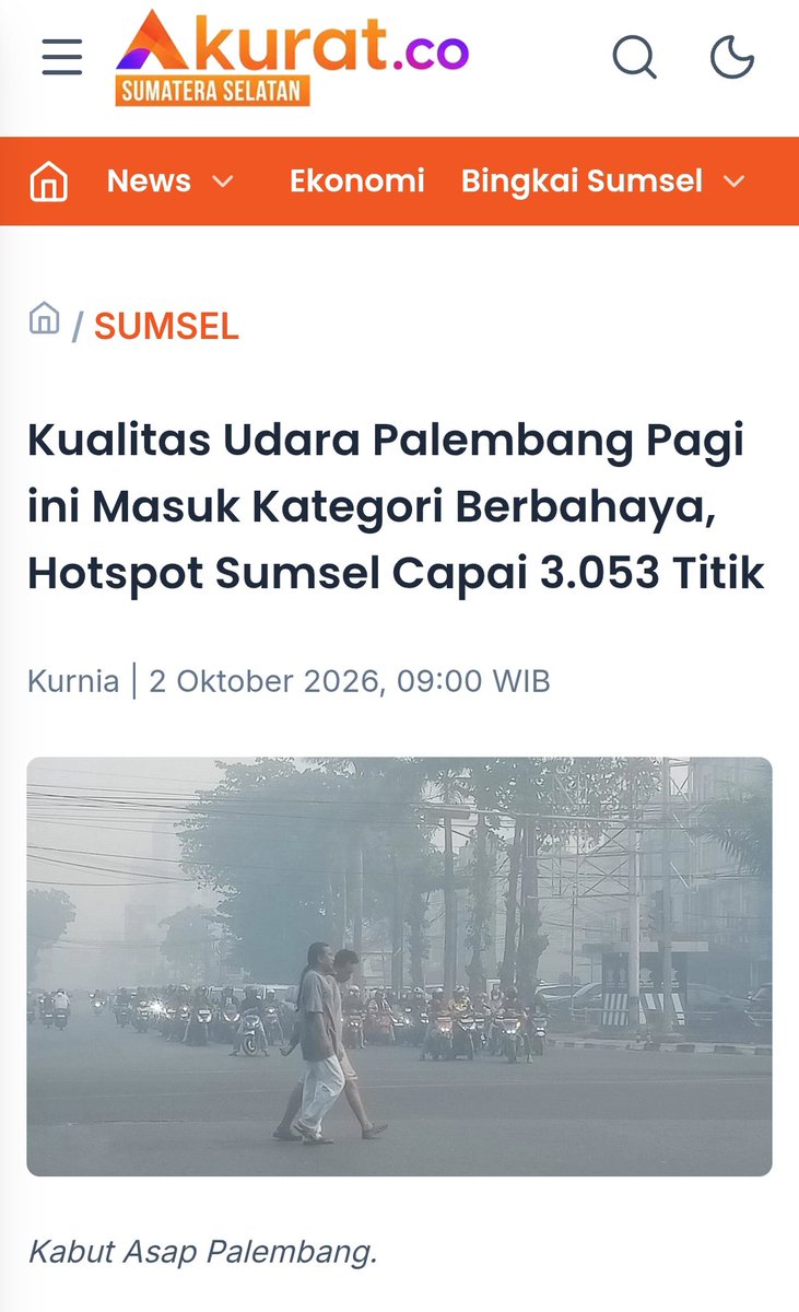 rheassa's tweet photo. SUMSEL DARURAT ASAP 🚨

Langit menguning. Kota makin samar. Asap makin pekat. Pagi ini, kualitas udara di Musi 2 Palembang mencapai 551,5 µg/m³. Di saat yang sama, 3.053 hotspot terpantau di Sumsel dalam 24 jam, OKI sendiri 1.905 titik. 
#PrayForSumsel https://t.co/G3XvwU3iaK