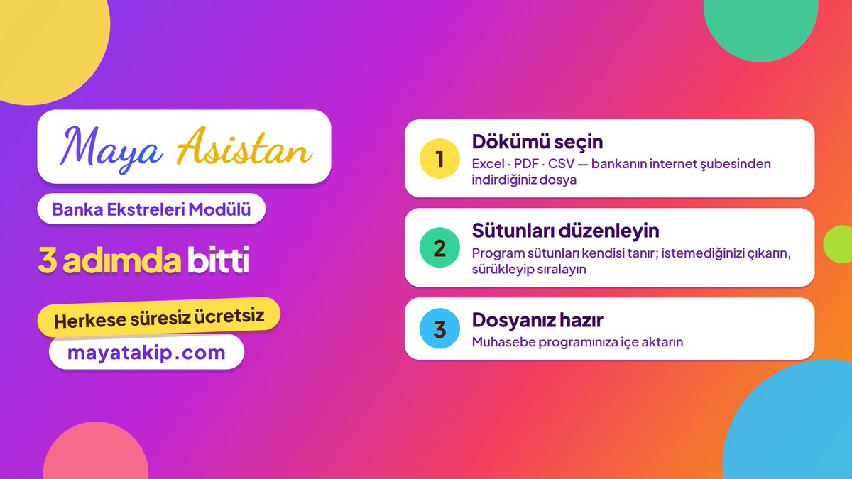mayatakip's tweet photo. Banka dökümünden aktarım dosyasına 3 adım:1) Dökümü seçin (Excel, PDF, CSV)2) Sütunları düzenleyin3) Dosyanız hazırMaya Asistan · Banka Ekstreleri Modülü, herkese süresiz ücretsiz.Bir aylık dökümü işlemek sizde ne kadar sürüyor?#malimüşavir https://t.co/rUHTGutPup