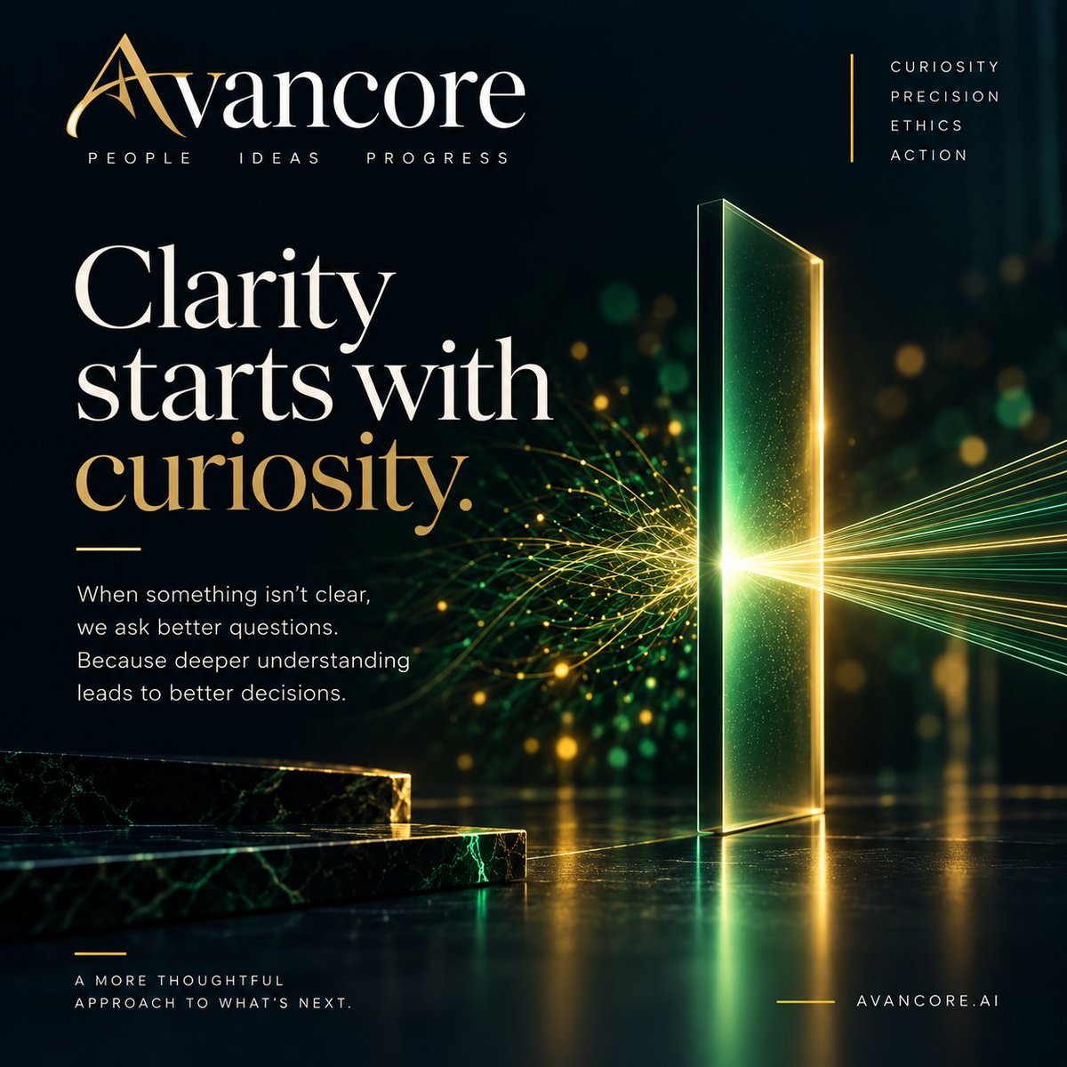 avancoreai's tweet photo. As AI becomes more capable, precision matters. So does the human judgment to understand context, question assumptions and know when there is more to learn.

AI can accelerate execution. Clarity gives that acceleration direction.
Sometimes progress begins with a better question. https://t.co/deVpVSp9Cq