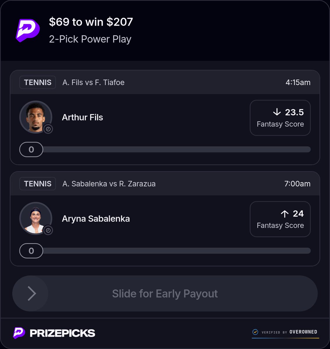 69aday69oneday's tweet photo. SPONSORED BY @OverOwnedDFS

$69 TO WIN $207 | SABALENKA OVER 24, FILS UNDER 23.5.

#PrizePicks #Tennis #TennisPicks #PlayerProps #SportsBetting https://t.co/0AFDFrigIS