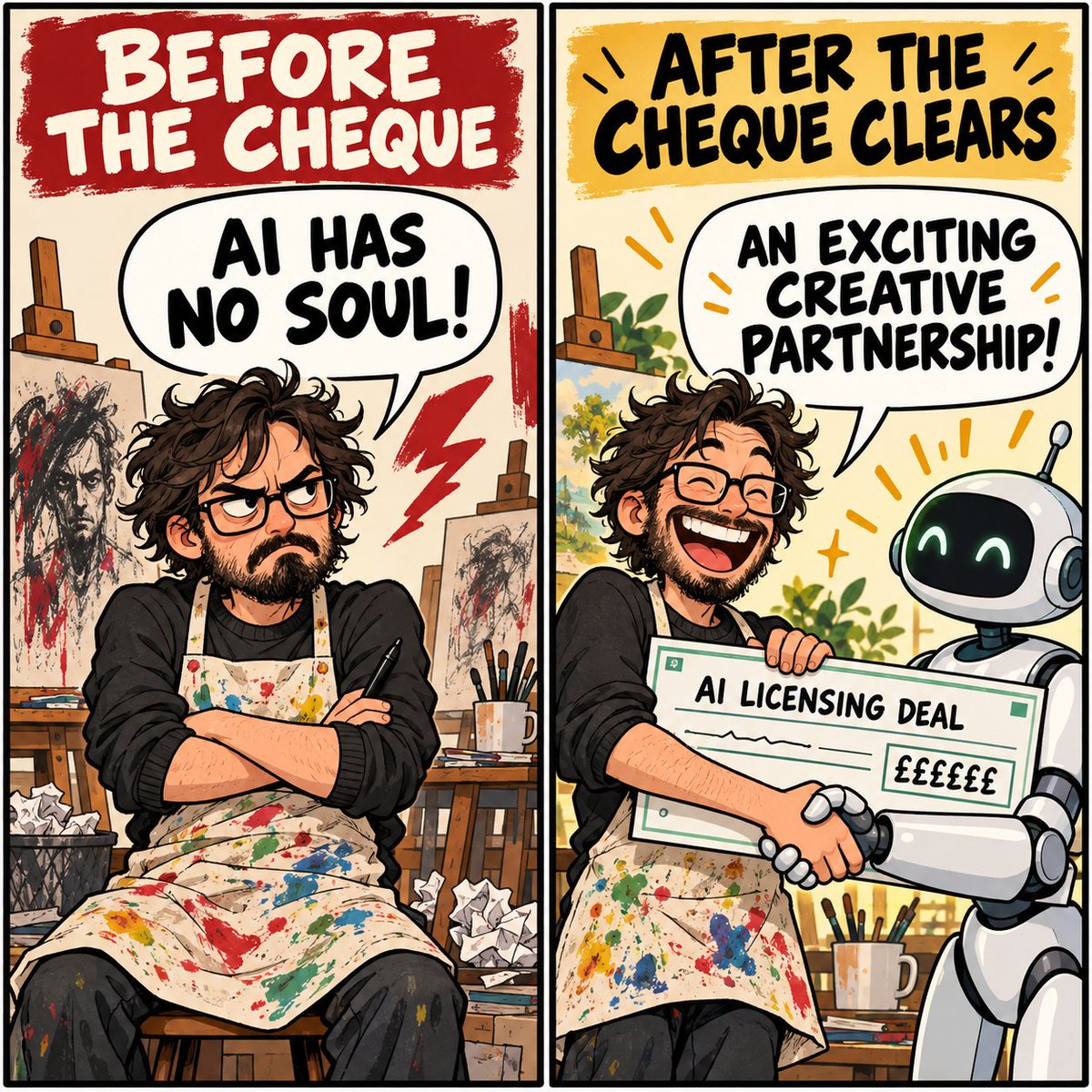 RisingSunInt_'s tweet photo. Anti-AI artists don’t care about art as much as they care about getting paid. “AI has no soul” until the licensing cheque clears—then it’s “an exciting creative partnership.” 😭 https://t.co/V2yDckkmPu
