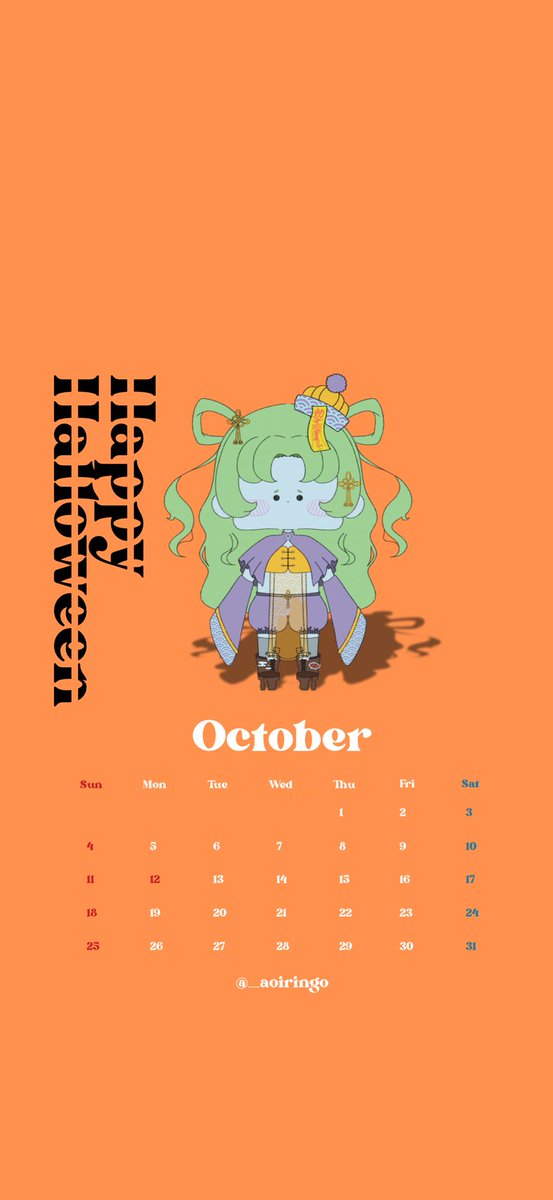 __aoiringo's tweet photo. 10月のカレンダー作成しました🎃
個人利用の範囲でご利用ください⋆⸜🧡⸝‍⋆

(ツリーに壁紙も置いておきます✊🏻 ̖́-)

#壁紙 #無料配布 #10月カレンダー
#ゆるいイラスト #ゆるかわ #イラスト #オリジナル #オリジナルガール #oc https://t.co/j9Y9hDK2om