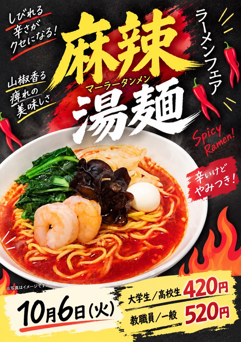 Keitan_PR's tweet photo. 🍴学食メニュー　10/5（月）～10/9（金）

そして10/6（火）は麻辣湯麺フェア！🌶️
いつものメニューとはちょっと違う一品、ぜひチェックしてみてください😊
今週も学食でしっかり食べて、元気に過ごしましょう！ https://t.co/Jtu5iKWkTF