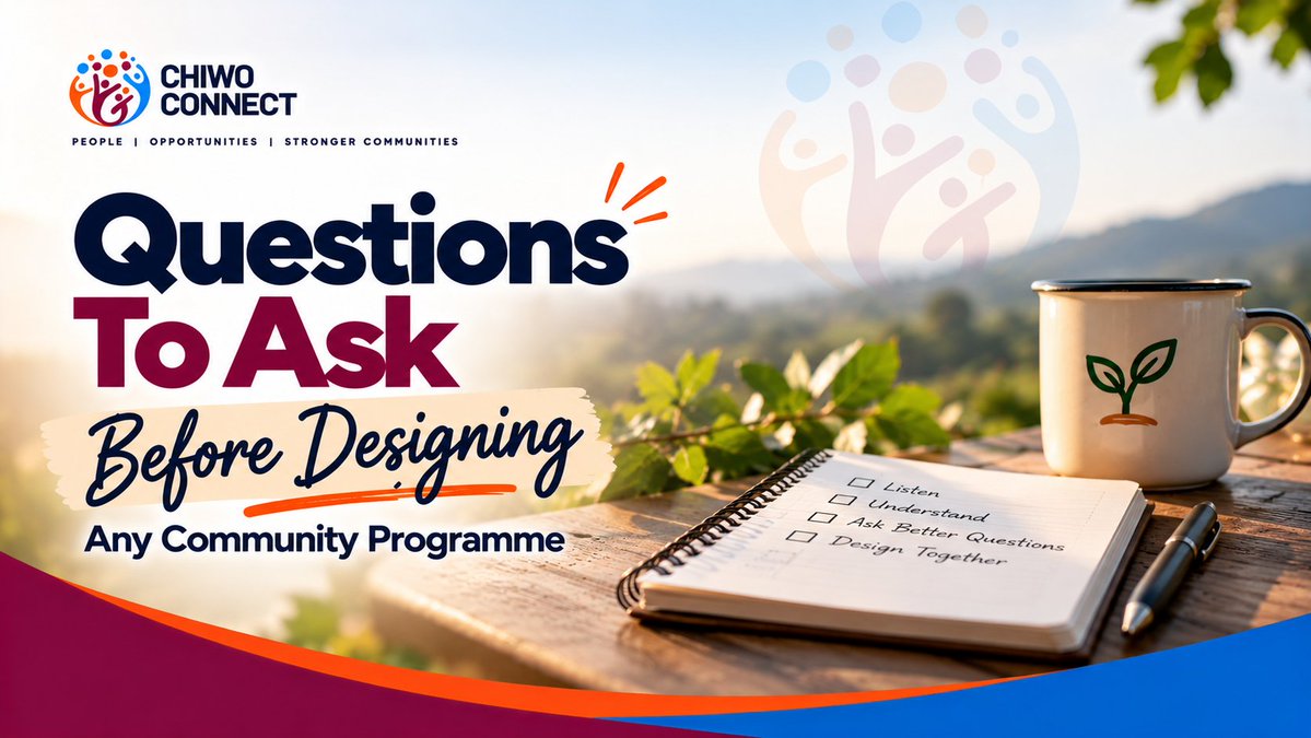 chiwoconnect's tweet photo. Happy Friday! We have an article for you today about the questions we need to ask before we design a community-based programme 👇

https://t.co/RsMHVhTqgM

#ChiwoConnect #BeforeWeBuildWeListen #CommunityDevelopment #CommunityLedDevelopment #SustainableDevelopment #ProgrammeDesi https://t.co/Lk5AG8upe6
