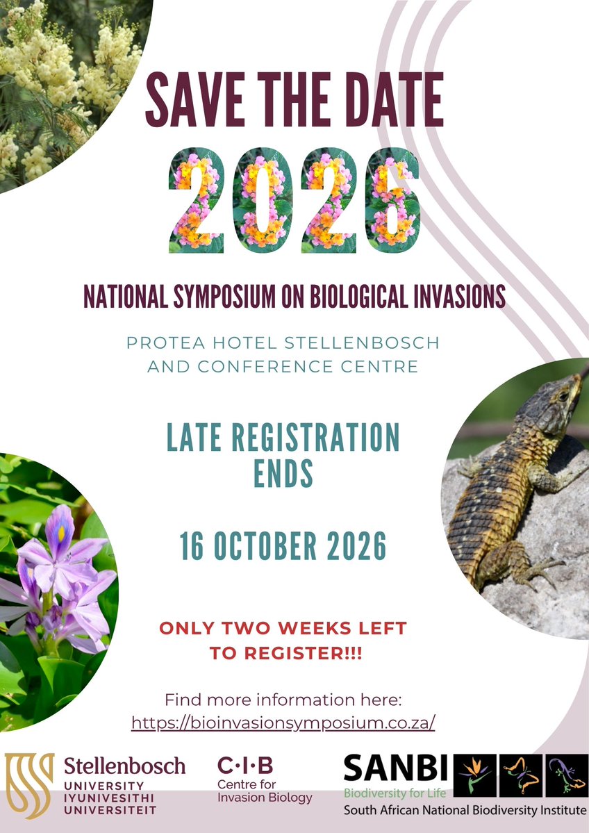 InvasionScience's tweet photo. ⏰ Only TWO weeks left to register for the National Symposium on Biological Invasions 2026! 
Don't miss out! 
Register before 16 October 2026 at:
https://t.co/MYiWgAlowB https://t.co/IXgMHjRX2v