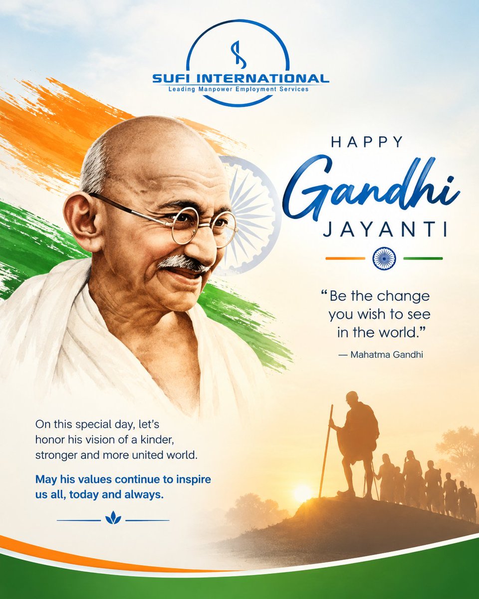 SufiInternatio1's tweet photo. On this Gandhi Jayanti, let us remember Mahatma Gandhi’s timeless values of truth, peace, simplicity and non-violence, and strive to bring positivity and harmony to our society.

Sufi International wishes everyone a very Happy Gandhi Jayanti 2026! 

#GandhiJayanti https://t.co/VDaQ2vRLoY