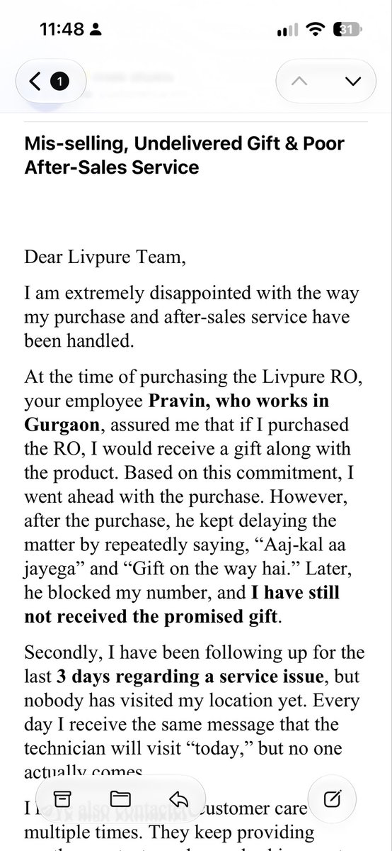 vivekshukla866's tweet photo. @Livpure_India @sachin_rt @LivpureSmart 
I had emailed you 3 days ago regarding a misselling and service-related issue, but I have not received any response or update yet.
Kindly check the status of my complaint and provide an update at the earliest. 
#9625417477 https://t.co/cHW1QWXIci