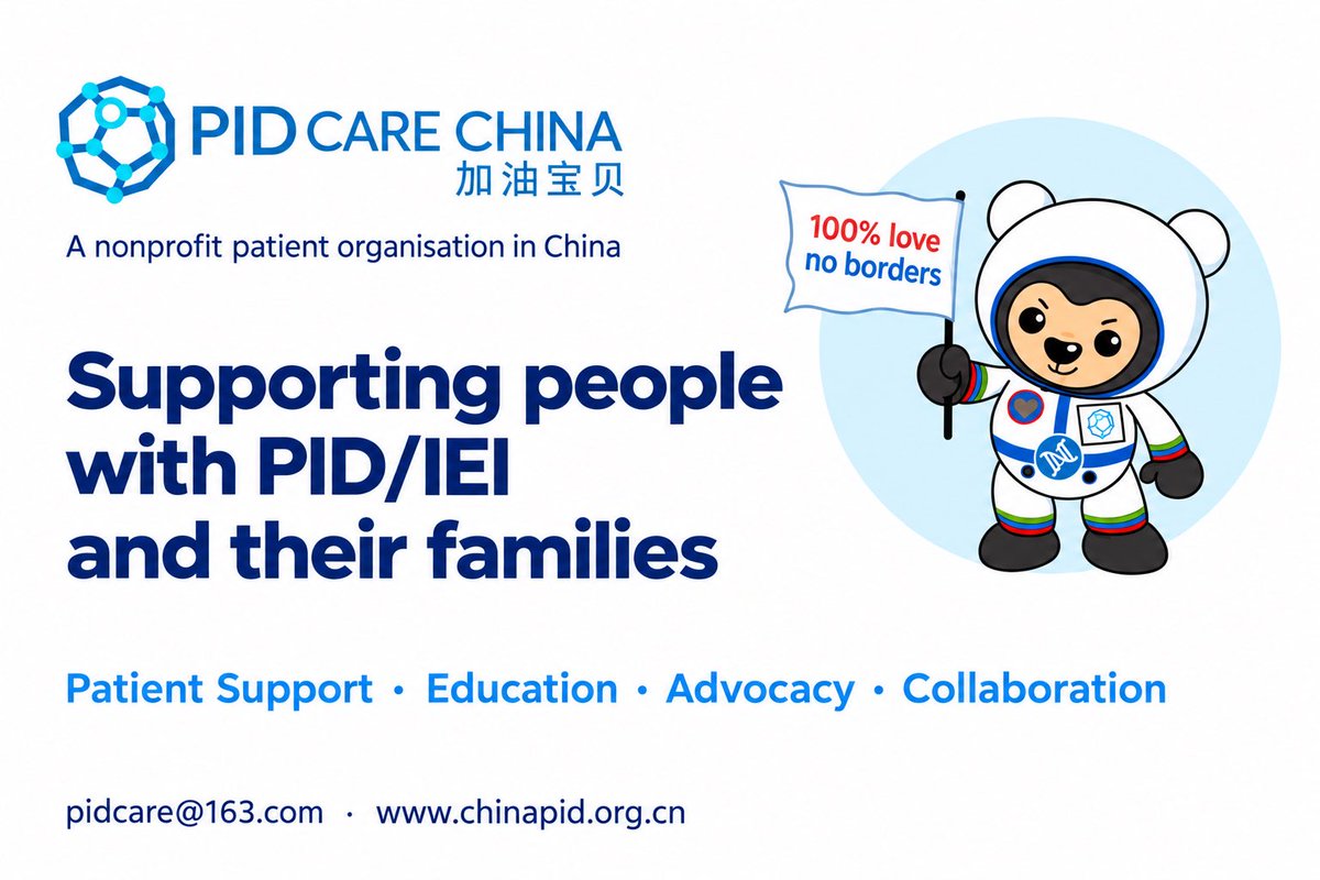 Jessiequmeng's tweet photo. At PID Care China, we stand with people living with Primary Immunodeficiencies / Inborn Errors of Immunity (PID/IEI) and their families.
Through patient support, education, advocacy and collaboration, we work to make sure every patient is seen, heard and supported 💙#PID #IEI https://t.co/zMopeGdGv5
