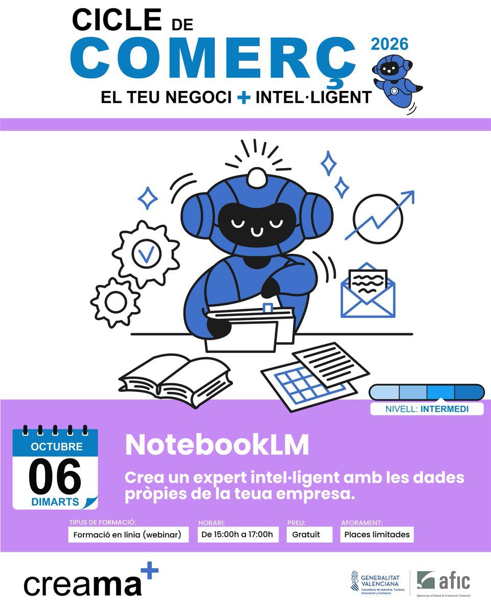 creama_org's tweet photo. 🤖📚Convertix els teus documents en un assistent intel·ligent‼️ El 06-10 de 15 a 15 h, descobrix #NotebookLM i aprén a organitzar informació, resoldre dubtes i estalviar temps.
🚀Jornada en línia de #CREAMA.
Inscriu-te ací: ➡️https://t.co/HRdJbEK9vS
#IA #MarinaAlta https://t.co/F3PSOMVoSI