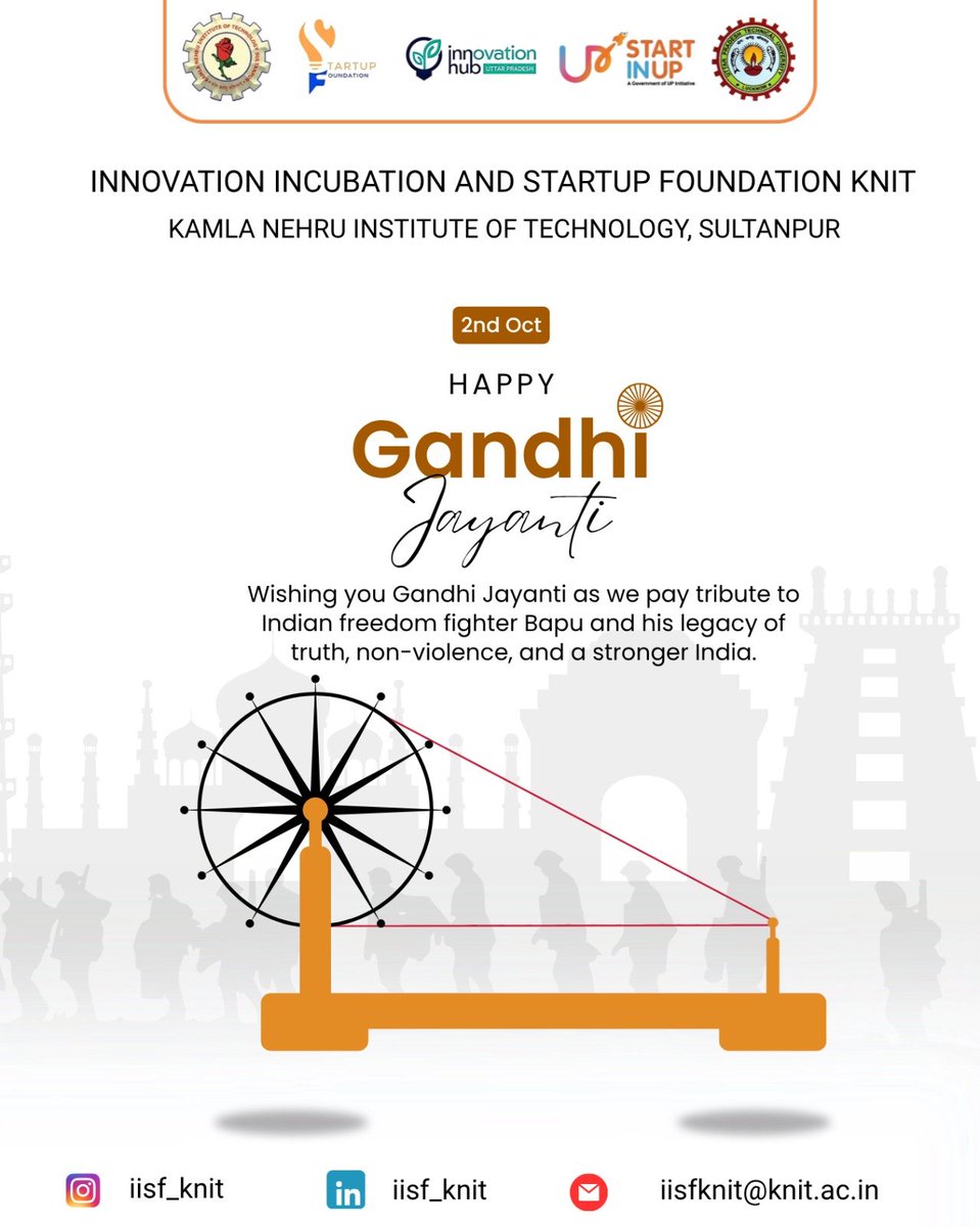 iisf_knit's tweet photo. 🇮🇳 A legacy of truth. A vision of change. An inspiration for generations.
This Gandhi Jayanti, IISF, KNIT Sultanpur remembers Mahatma Gandhi and his timeless values of truth, non-violence & self-reliance.
Be the change. Build the change.
#GandhiJayanti #IISF #KNITSultanpur https://t.co/Kh3iM64QkY