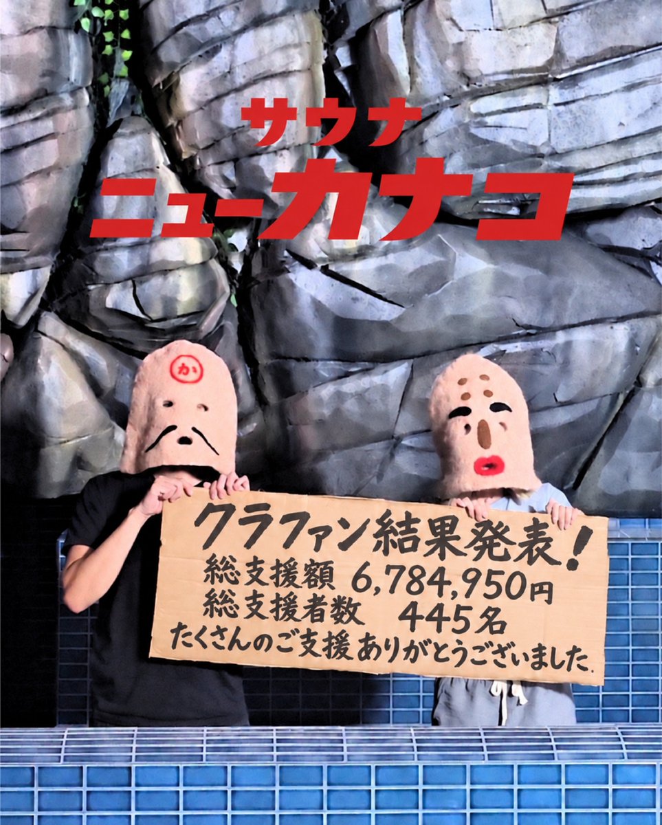 kanako_atsugi's tweet photo. 【御礼】

サウナニューカナコのクラウドファンディングが終了しました。

8月18日から始まった今回のクラウドファンディング。

最終的に、

【支援総額：6,784,950円】
【支援者数：445名】

本当にたくさんのご支援をいただきました。

ご支援いただいた皆さま、
応援・拡散してくださった皆さま、
そしてプレオープンに足を運んでくださった皆さま。

本当にありがとうございました。

皆さまからいただいた応援や、
プレオープンで実際にいただいた声に支えられながら、
ここまで来ることができました。

クラウドファンディングは終了となりますが、
サウナニューカナコは、ここからが本当のスタートです。

そして10月8日、いよいよグランドオープンを迎えます。

皆さまへの感謝を胸に、
ここからまた、新たな一歩を踏み出します。

クラウドファンディングを通して出会えた皆さまとともに、
これから「サウナニューカナコ」という場所を育てていけたらと思っています。

改めまして、たくさんのご支援と応援を本当にありがとうございました。

これからのサウナニューカナコも、
どうぞよろしくお願いいたします。