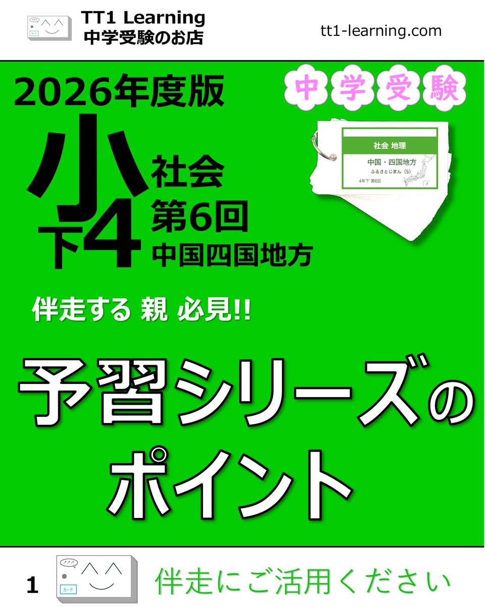 tt1Learning's tweet photo. 今回は予習シリーズ小4下 社会 第6回「中国四国地方」です。

中国四国地方は、山地や川といった地理だけでなく、特産品、世界遺産、交通まで幅広く学ぶ単元です。
覚える項目が多いため、一つひとつは分かっていても、全体としてつながらないままになりやすい内容でもあります。

県ごとに追うよりも、地理・農業や水産・観光・交通と分けて見ていくと、整理しやすくなります。

この投稿では、中国四国地方で押さえておきたいポイントをまとめています。

【地理】
✓ 中国山地、四国山地
✓ 広島県…太田川
✓ 高知県…四万十川は「最後の清流」
✓ 徳島県…吉野川は四国三郎で、日本三大暴れ川のひとつ
✓ 島根県…宍道湖は汽水湖
✓ 香川県…小豆島もあわせて確認する

【農業・水産】
✓ 広島県…レモン、かき
✓ 愛媛県…みかん
✓ 鳥取県…日本なし
✓ 島根県…宍道湖のしじみ
✓ 愛媛県…宇和海の真珠の養殖
✓ 高知県…高知平野の促成栽培
✓ 香川県…小豆島のオリーブとしょうゆ

【文化・観光】
✓ 広島県…原爆ドーム、厳島神社は世界遺産
✓ 広島県…宮島は日本三景のひとつ
✓ 岡山県…後楽園は日本三名園のひとつ
✓ 島根県…石見銀山遺跡も世界遺産として押さえる

【交通】
✓ 広島県尾道市〜愛媛県今治市…瀬戸内しまなみ海道
✓ 岡山県倉敷市〜香川県坂出市…瀬戸大橋
✓ 兵庫県神戸市〜徳島県鳴門市方面…明石海峡大橋・大鳴門橋
✓ 3つの四国連絡橋はセットで整理する

中国四国地方は、県名と特産、地形と観光地を結びつけて見ていくと、整理しやすくなります。
あとで見返せるように、保存しておくのもおすすめです。

@tt1learning では、中学受験を伴走するご家族に寄り添う情報発信をしています。
また、日々の学習や塾のテスト対策として、単元に連動したオリジナルの暗記カードを制作・販売しています。
少しでも日々の負担を減らし、効率よく定着できるよう工夫を凝らしたカードです。

購入はこちら👉 https://t.co/ny076fh8jz

#中学受験 #中学受験2027 #中学受験2028 #中学受験2029 #中国四国地方