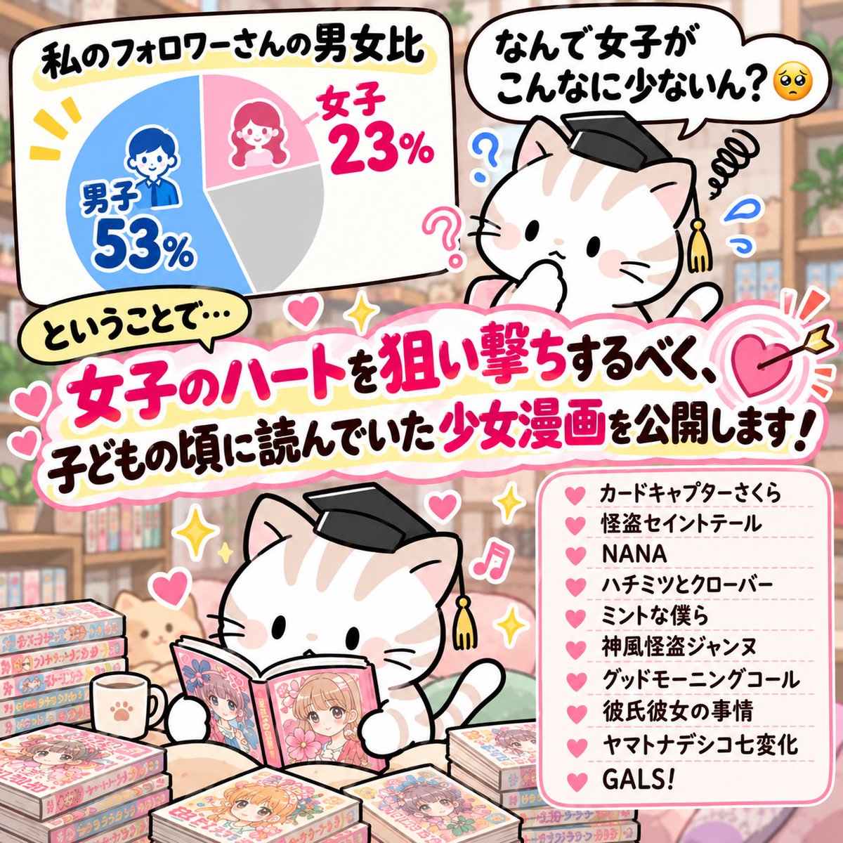 neko_sensei828's tweet photo. 【女子のハートを狙い撃ちしたい🐈👉💘】
私のフォロワーさんの男女比。
👨 男性：53％
👩 女性：23％
なんで女子こんなに少ないん？🥺
ということで——
女子のハートを狙い撃ちするべく、
子どもの頃に読んでいた少女漫画を公開します！
↓↓↓↓
🌸 カードキャプターさくら
🎩 怪盗セイント・テール
🍓 ミントな僕ら
👼 神風怪盗ジャンヌ
☀️ グッドモーニング・コール
🎭 彼氏彼女の事情
👠 GALS!
🌹 ヤマトナデシコ七変化♥
🍀 ハチミツとクローバー
🎸 NANA

どうだ女子諸君✨️
一つくらい刺さっただろう？🐈👉💘