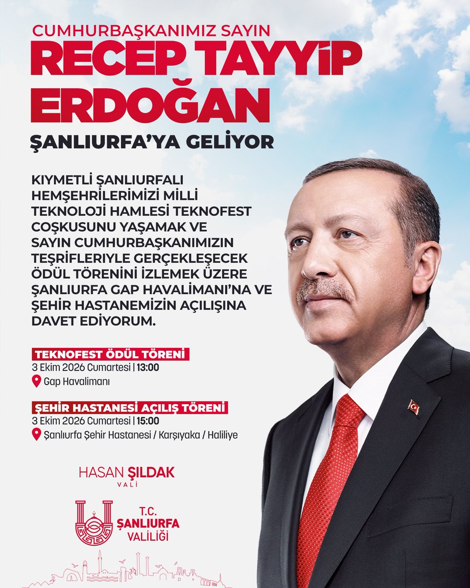 hasansildak's tweet photo. Cumhurbaşkanımız Sayın Recep Tayyip Erdoğan 3 Ekim Cumartesi Günü Şanlıurfa’da…

Bütün Vatandaşlarımızı Programlarımıza Davet Ediyorum.

#TEKNOFEST
@saglikbakanligi https://t.co/dptahEKNi8
