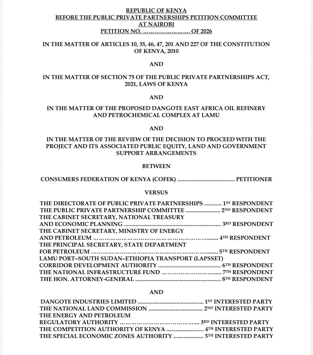 smutoro's tweet photo. Dangote Lamu Refinery Clarification: COFEK has filed a petition — before the PPP Petition Committee as provided under section 75 of the PPP’s Act, 2021.
♦️ Lawful authority and process
✅The competent contracting authority is not identified.
✅The procurement route is unclear (privately initiated proposal, direct procurement, or other).
✅A ceremonial launch cannot replace statutory approval.
✅The petition seeks proof of approvals, terms, appraisal and legal clearance.
Public money and equity
✅21.5B seed allocation is reported. Kenya's 10% stake is reportedly valued at about US$500M.
✅The @KeTreasury CS said negotiations are still ongoing, and Kenya may raise its stake.
✅The petition asks the Committee/Tribunal to separate amounts budgeted, committed and disbursed.
✅The acquisition vehicle, share class and payment terms are undisclosed.

♦️ Govt support & consumer risk
✅Possible offtake, market-protection and electricity commitments are unknown.
✅Contingent liabilities under sections 28 and 36 need scrutiny.
✅The petition asks whether risks sit with taxpayers and consumers.
Land
✅Site parcels, tenure and valuation are undisclosed.
✅It is unclear whether 7,000 acres land counts as an equity contribution.
✅133 residents have sued over Hindi/Manda Magogoni land (L.R. No. 13061).
✅A status quo order was reportedly issued on 25 September 2026.
✅The petition does not ask for a ruling on land title.

♦️ Ownership and disclosure
✅The Kenyan project company and its beneficial owners are not identified.
✅Compliance with the section 85 bar on public officers in tenders needs checking.
✅Publication duties under sections 43(14) and 69 depend on the project stage.
✅Public participation is claimed but undocumented.
✅Confidentiality claims must be specific, not blanket.

♦️ Careful pleading
✅The petition does not allege corruption or secret shareholding.
✅It says missing documents are not proof they do not exist.
✅It treats the media figures as reported estimates.
✅It excludes the NIF and KPRL–Gulf Energy disputes, which are challenged elsewhere.

♦️ Main prayers
✅Identify the contracting authority, route and decision under review.
✅Order production of records within 7 days, with a statement where a record does not exist.
✅Set aside any approval found non-compliant and remit it for reconsideration.
✅Require appraisal, due diligence and conflict checks before commitments are made.
✅Order the publication required by the Act