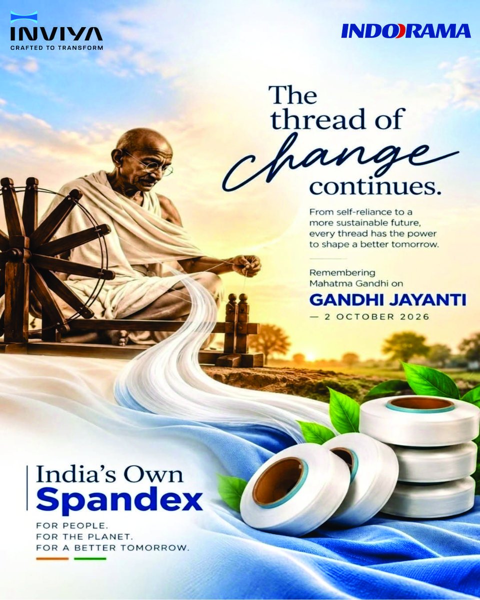 inviyaindorama's tweet photo. The thread of change continues. 🇮🇳
This Gandhi Jayanti, INVIYA reflects on self-reliance, responsibility and progress with purpose—carrying these values forward through India’s own spandex and future-ready innovation.
#INVIYA #GandhiJayanti https://t.co/7tW8NWeeAb