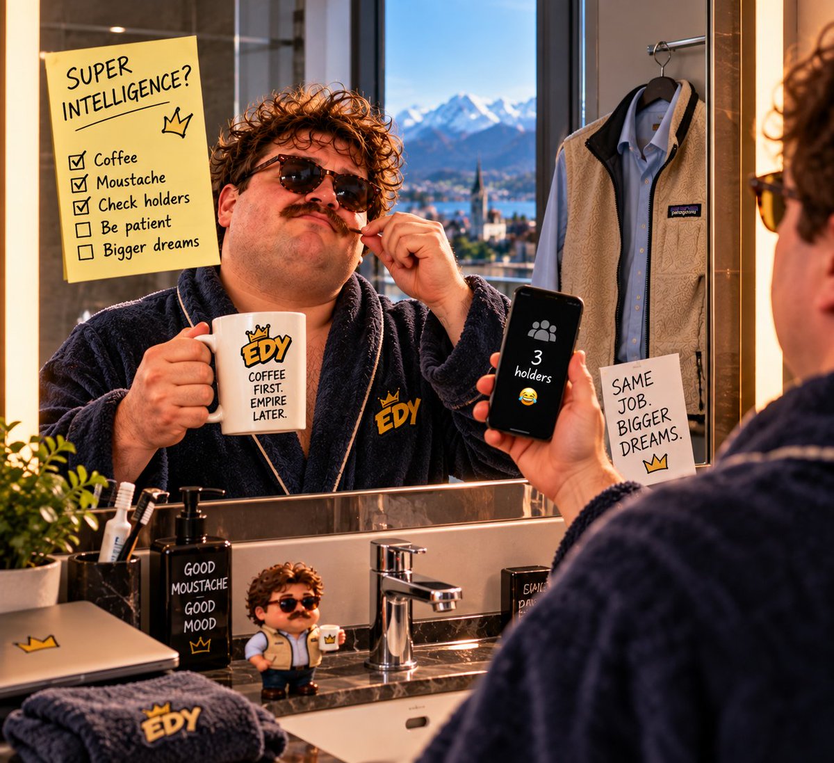Edyonsol's tweet photo. EDY woke up convinced he’s a “super intelligence.” 🥸

Checked the mirror.
Twisted the moustache.
Opened the laptop.

Still 3 holders. 😭

Apparently super intelligence also requires patience.

Coffee first. Empire later. ☕️

#EDYonSol #CryptoMemes https://t.co/ve1JRzkej5