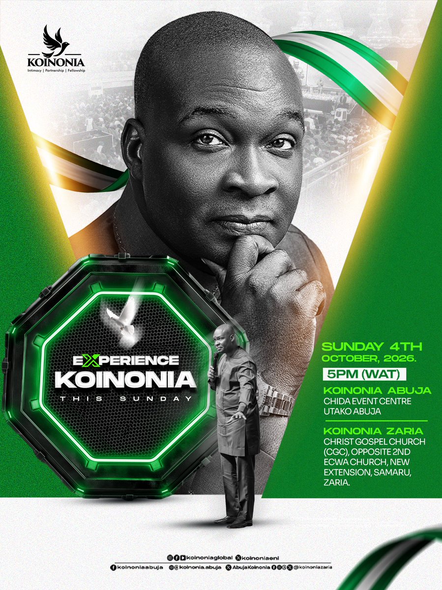 koinoniaeni's tweet photo. JOIN US THIS SUNDAY AT OUR ABUJA & ZARIA CENTRES FOR THE KOINONIA EXPERIENCE: COME EXPECTANT FOR A DESTINY-ADVANCING ENCOUNTER

"And the spirit entered into me when he spake unto me, and set me upon my feet, that I heard him that spake unto me." — Ezekiel 2:2 (KJV)

One of the cardinal indices for measuring fulfilment in our lives as human beings is progress. God brings about this progress in the life of a Believer through the ministry of The Word, and by The Spirit.

This SUNDAY, 4TH OCTOBER, 2026, join us at our KOINONIA ABUJA and ZARIA expressions for an encounter with God's Word, that can cause a Believer to quantum-leap by The Spirit.

ABUJA: Chida Event Centre, Utako, Abuja

ZARIA: Christ Gospel Church (CGC), opposite Second ECWA Church, Samaru, Zaria, Kaduna State

TIME: 5:00 PM (WAT)

Distance is not a barrier. You can connect to the service live, through any of these platforms:

YouTube: Koinonia Global
Online Radio: https://t.co/kpLU9EqUi2
Facebook: Koinonia Global | Koinonia Abuja | Koinonia Global Zaria
Instagram: @koinonia.abuja | @koinoniaglobal | @koinoniazaria
X: @Koinoniaeni | @AbujaKoinonia
Threads: @koinonia.abuja

Let your heart be prepared for a Word that would bring acceleration to every area of your life.

Invite someone, as their progress in life and destiny may be connected to your obedience. We can't wait to welcome you to service!

#KoinoniaAbuja
#KoinoniaZaria
#KoinoniaGlobal
#TheYearOfDeliveranceAndExemption