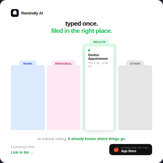 RemindlyAI_app's tweet photo. Officially handled, officially sorted, every single time ✅
Stamped, scanned, and filed in the right place automatically, all from one sentence. Download free ✨ link in bio
#RemindlyAI #SmartTech #AppOfTheDay #GetItDone #ProductivityHack https://t.co/5qPkngC7MZ