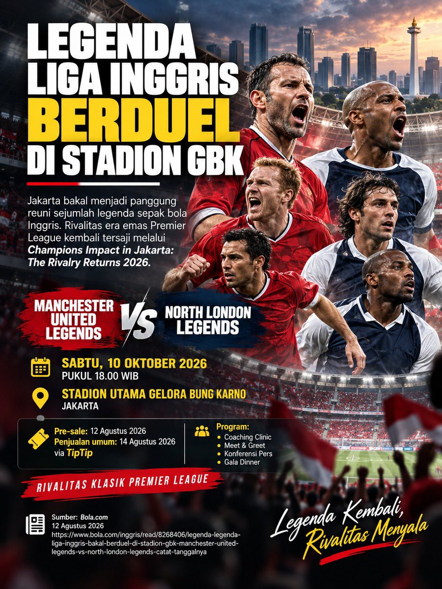 malikarial22's tweet photo. Legenda Arsenal paling ikonik, Thierry Henry, bakal hadir di Stadion Utama Gelora Bung Karno! Saksikan langsung United vs NorthLondon Legend di Champions Impact: The Rivalry Returns 2026! 🔥
#TheRivalryReturns https://t.co/PgDvny3BaS