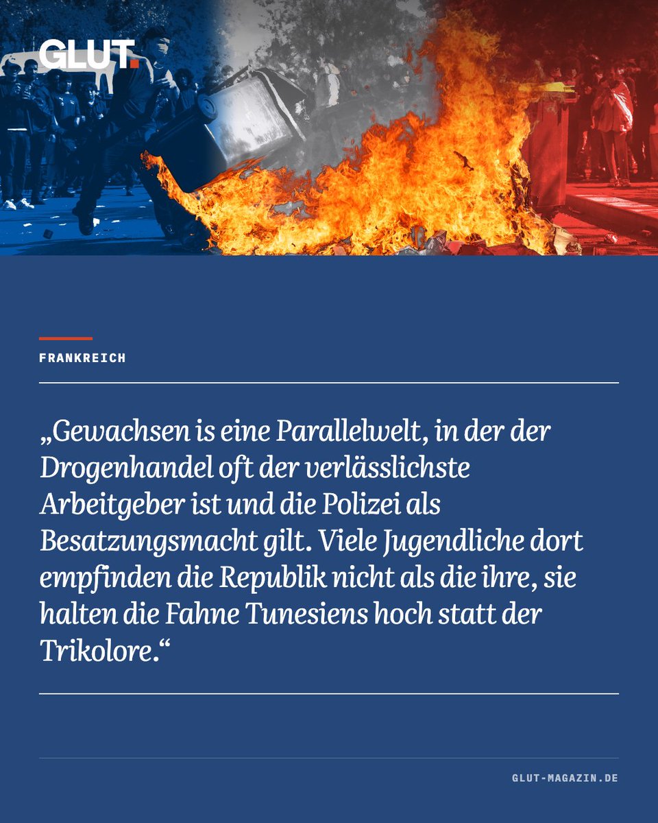 jannibal_'s tweet photo. Die französische Scheiternsbilanz nach den Schulrandalen, die keine Proteste sind, sondern in Wirklichkeit vielerorts schwere Gewalt bedeuten, lautet so: Kinder und Enkel von Einwanderern, die in Frankreich geboren und beschult wurden, sind längst dabei, die Republik zu hassen und in Brand zu setzen. Aus Bildungsprotesten wurden brennende Mülltonnen und Barrikaden, davor wehen die Flaggen Algeriens, Tunesiens und Palästinas, es kommt zu Angriffen auf Polizisten und Verfolgungsjagden in Innenstädten. Dabei zeigt sich in den schweren Tumulten kein Bildungsprotest (das war er, wenn überhaupt, nur anfangs), sondern das periodische Feuer einer gescheiterten Einwanderungsgesellschaft. 

Aber was auffällt – und langsam bei immer mehr Menschen ankommt: In der multikulturellen Gesellschaft hat die maghrebinisch-afrikanische Jugend aus Vororten und Städten längst durch Jean-Luc Mélenchon und La France Insoumise eine parteipolitische Vertretung gefunden, die sie in Schutz nimmt und als Wähler adressiert. 

Für @glut_magazin habe ich versucht die letzten Tage und Wochen zu sortieren, Parallelen zu anderen Ausschreitungen herzustellen und auf die Rolle von LFI einzugehen. Der ganze Artikel: https://t.co/3fgNZiD4aI
