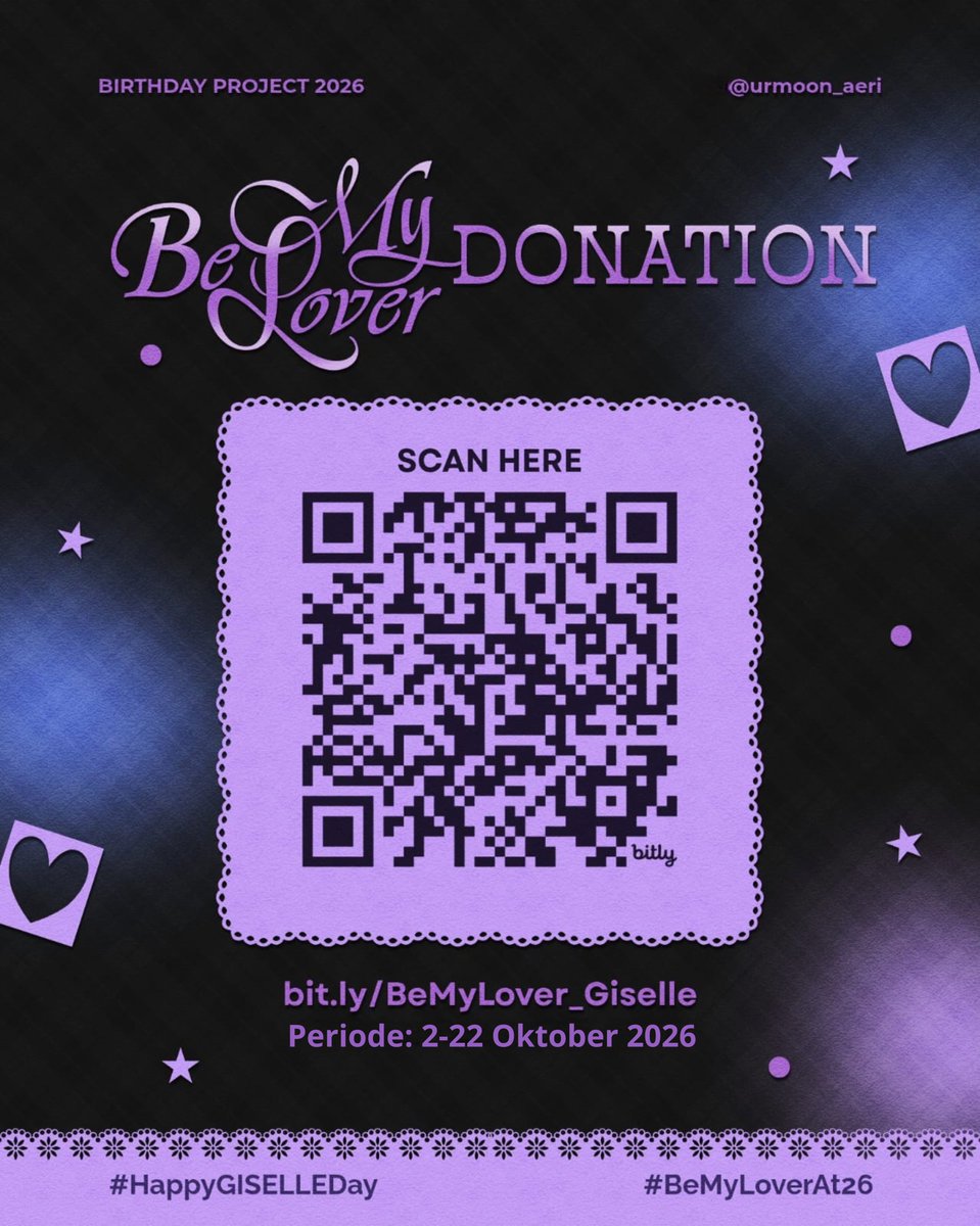 urmoon_aeri's tweet photo. ꧁ 𝑮𝒊𝒔𝒆𝒍𝒍𝒆, 𝑩𝒆 𝑴𝒚 𝑳𝒐𝒗𝒆𝒓: Special Donation Project꧂

In celebration of Giselle's birthday this year, @urmoon_aeri is opening a donation project as a show of support and love for Giselle! I invite everyone to join me for celebrating Giselle's birthday in Indonesia.

✨ Donate here: https://t.co/d3fl51YuQ6

🌙 Donation period: 2-22 Oktober 2026

🖤 Every contribution, no matter the amount, will help us to create a happily ever after for Giselle special day. ࣪ ִֶָ☾.

#GISELLE #지젤 #ジゼル 
#aespa #æspa #에스파 
#HappyGISELLEDay 
#BeMyLoverAt26
