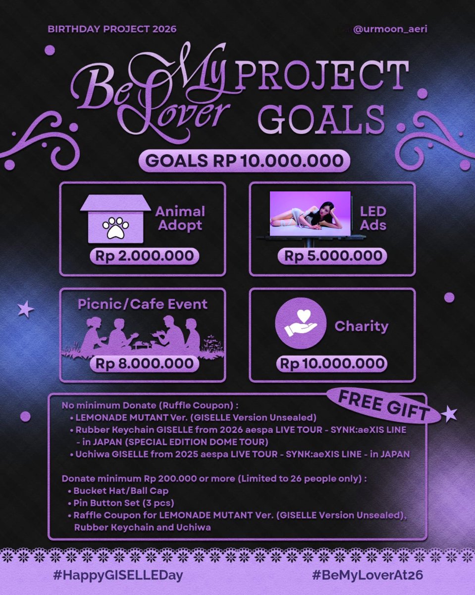 urmoon_aeri's tweet photo. ꧁ 𝑮𝒊𝒔𝒆𝒍𝒍𝒆, 𝑩𝒆 𝑴𝒚 𝑳𝒐𝒗𝒆𝒓: Special Donation Project꧂

In celebration of Giselle's birthday this year, @urmoon_aeri is opening a donation project as a show of support and love for Giselle! I invite everyone to join me for celebrating Giselle's birthday in Indonesia.

✨ Donate here: https://t.co/d3fl51YuQ6

🌙 Donation period: 2-22 Oktober 2026

🖤 Every contribution, no matter the amount, will help us to create a happily ever after for Giselle special day. ࣪ ִֶָ☾.

#GISELLE #지젤 #ジゼル 
#aespa #æspa #에스파 
#HappyGISELLEDay 
#BeMyLoverAt26
