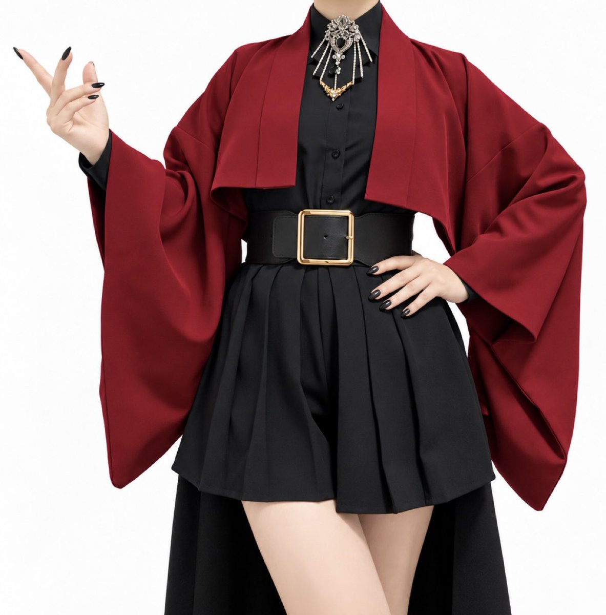misamaru_kimono's tweet photo. ワインレッド×黒の和洋折衷コーデ。
ショート丈の羽織に袴ショートパンツ×腰マントをベルトで引き締めたスタイルがかっこいい✨ https://t.co/ecFryTpOzL