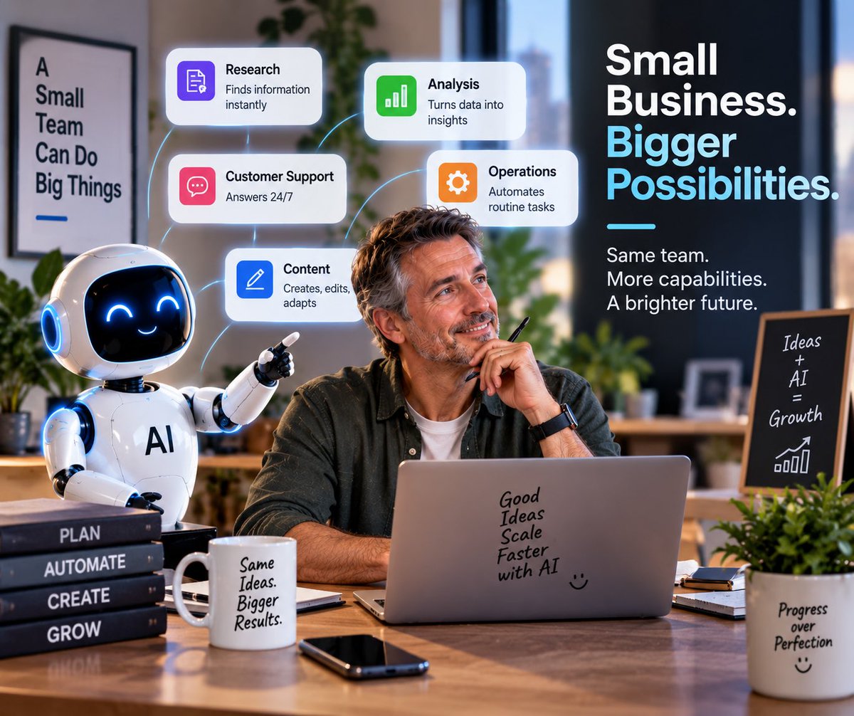 visautomation's tweet photo. The smallest companies may gain the most from AI.

Not because AI replaces a team — but because it gives a small team capabilities that once required one.

Research. Support. Analysis. Operations. Content.

Small business. Enterprise leverage.

#AI #SmallBusiness #Automation #Fut https://t.co/9m6A9zNd3T