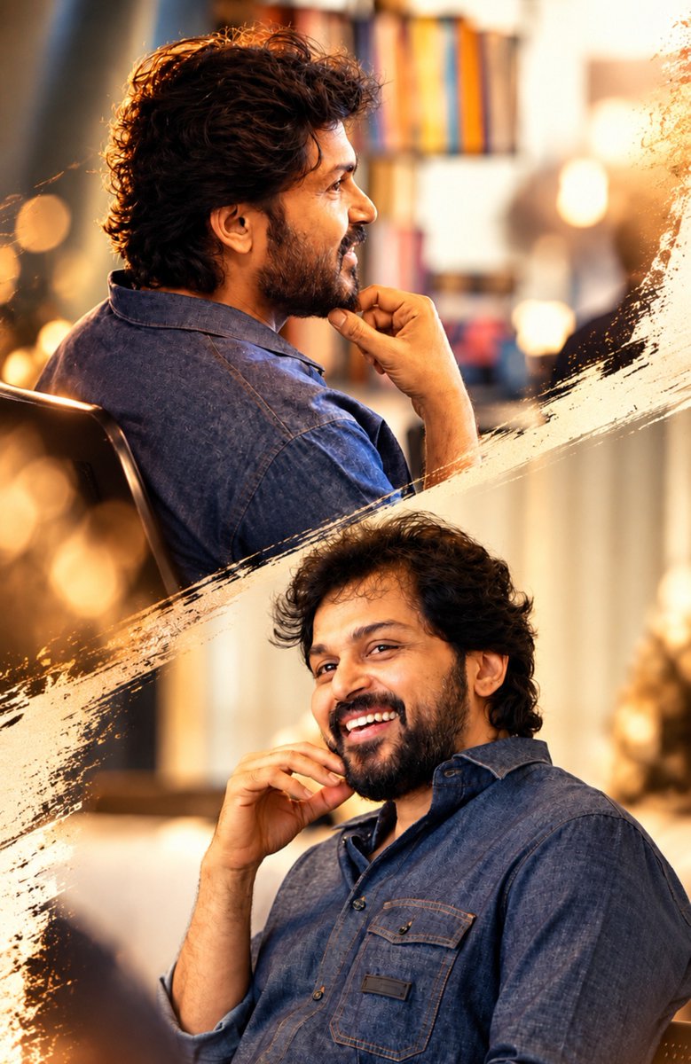 Thallapall1960's tweet photo. “One person… two moods…
One is thoughtful, the other is a smile! ✨
Whatever the mood… the style is always classy! 🔥🖤”
@Karthi_Offl 💙 #MrVersatileKarthi
#SameStyle #SameClass #TwoMoods #CinematicVibes https://t.co/q1uxAF5tj3