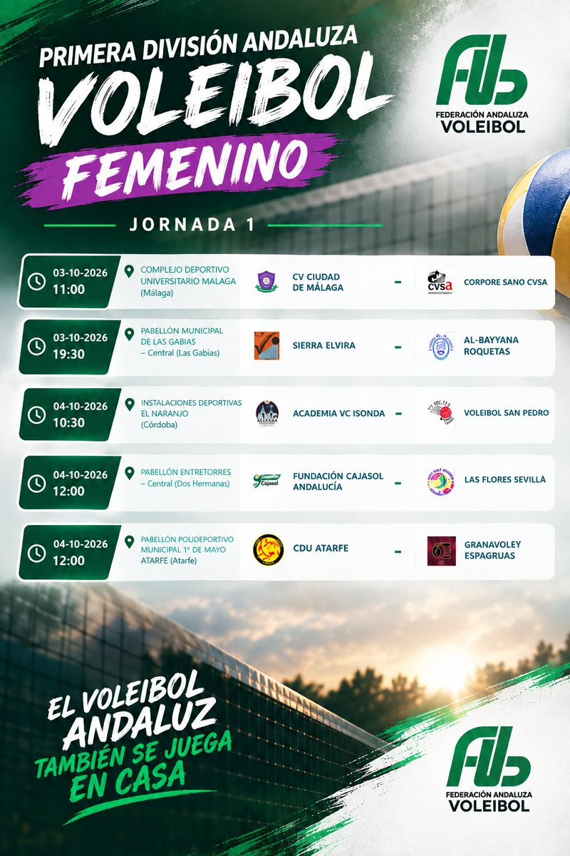 FAVB_'s tweet photo. 🏐 ¡VUELVE LA COMPETICIÓN ANDALUZA! 🏐

📅 Con la llegada de octubre, los pabellones vuelven a llenarse de voleibol 🔥🏟️

🚀 Este finde arranca la 1ª Andaluza masculina y femenina 🏐⚡

👏 ¡Mucha suerte a todos en este inicio de temporada!

💚EL VOLEIBOL ANDALUZ NOS UNE 💚 https://t.co/ndbf6HX9tz