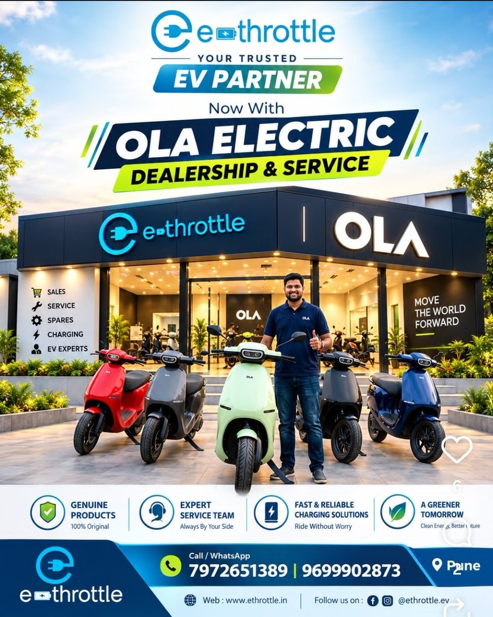 ramanatha_bhat's tweet photo. 🚨 NETWORK SURGE IN MAHARASHTRA: "e-throttle" Onboarded as Authorized Ola Dealership & Service Partner in Pune! 🛵⚡📍
  
​Ground execution ramping up ahead of the festive season! e-throttle officially opens its doors as an authorized 3S partner for @OlaElectric in Pune:
  
​🔹 Complete 3S Coverage: Backed by dedicated in-house facilities for Sales, Service, Spares & Fast Charging!
🔹 Customer Service First: Onboarding established multi-brand EV retail players to eliminate legacy service delays and fast-track spare parts availability.
🔹 Pune Hub: Full S1 lineup in stock with certified technicians and local test-ride bays!
  
​📍 Location: Pune, Maharashtra
📞 Helpline: 7972651389 / 9699902873
  
​Moving swiftly from pure D2C to a robust hybrid partner model across Tier-1 auto hubs! 📈🇮🇳
  
​cc: @bhash @OlaElectric
#OlaElectric #Pune #Maharashtra #EVRevolution #eThrottle #MakeInIndia #ElectricVehicles #AutoRetail