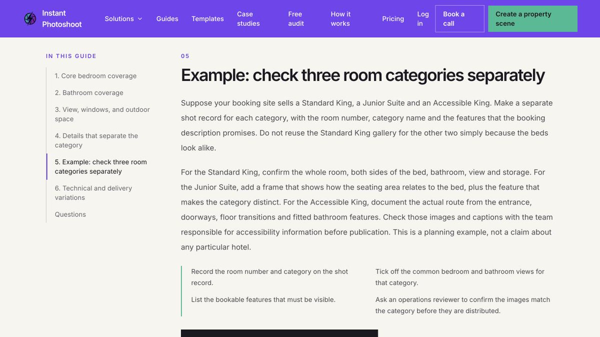 insanerabbitlab's tweet photo. Same bed, different room. Instant Photoshoot's hotel shot list now has a worked example for a Standard King, Junior Suite and Accessible King, with separate checks for each. No borrowing the standard room's gallery for the suite. The updated guide is live. https://t.co/S3Fi7THfzR