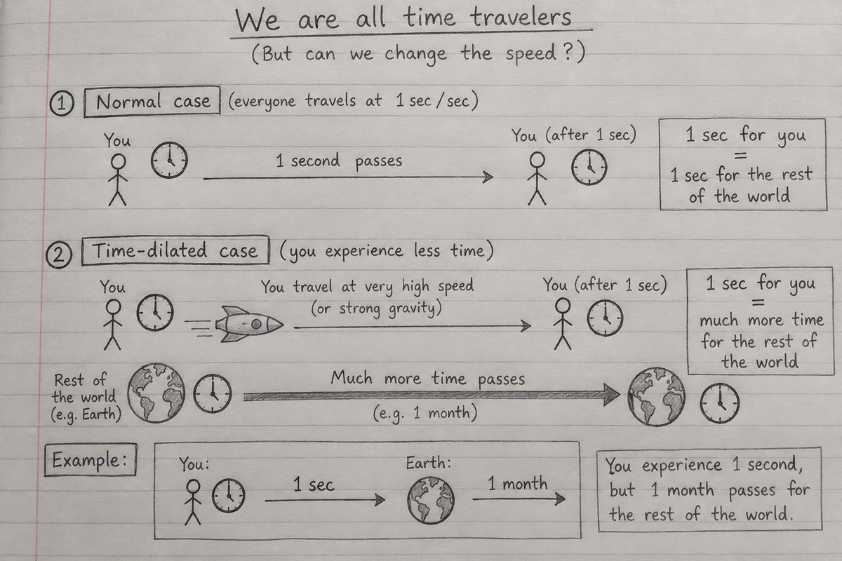 BulbuleParth's tweet photo. WE ARE ALL TIME TRAVELERS. ⏳
We move into the future at 1 second per second
But what if we could change that rate?
What if 1 second for you = 1 month for the rest of the world?
You return and your college results are already out.
Did you really “skip” time?
#TimeTravel #Physics https://t.co/uH2SxKgC8i